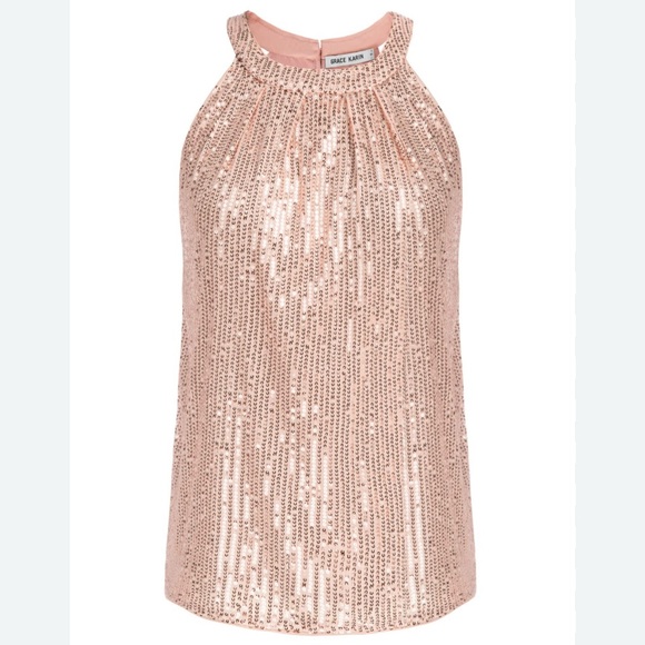 Grace Karin Women’s MED Tank Top Rose Gold Halter Neck Shimmering Sequin Glam - Picture 1 of 8